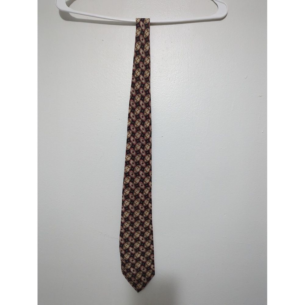 Geoffrey Beene Mens Silk Tie Geometric Medallion Burgundy Tan Black Italy Fabric